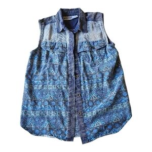 Boho Western Sleeveless Denim Shirt Medium Blue Tribal Print Festival Button Up